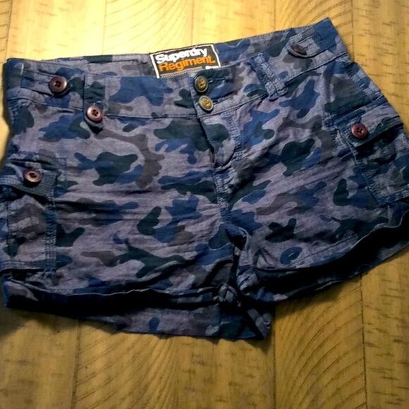 Superdry Regiment Blue Camo Cargoshorts pockets XS - Picture 1 of 13